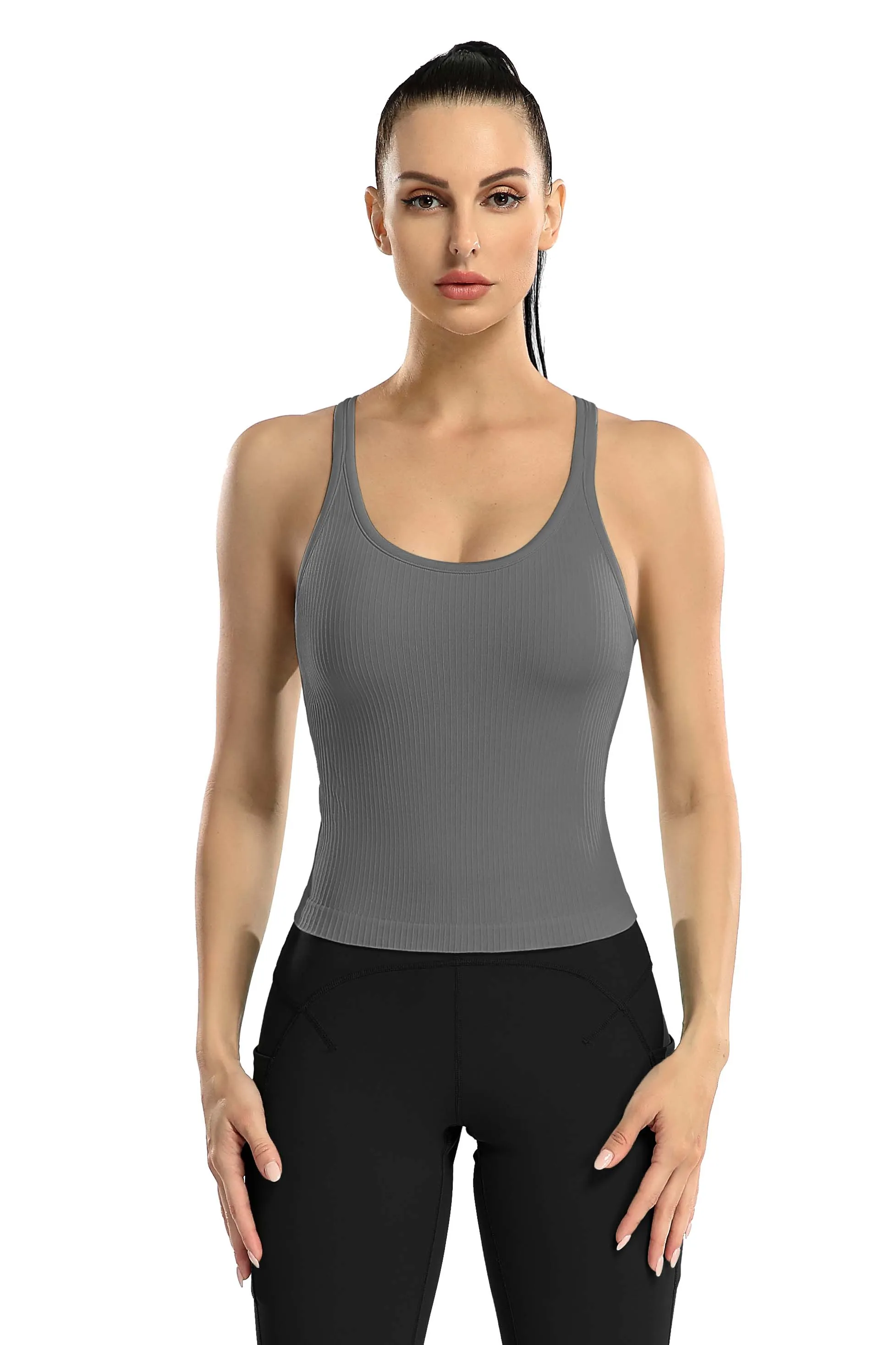 Women Ribbed Workout Crop Tops with Built in Bra Yoga Racerback Tank Top -2399