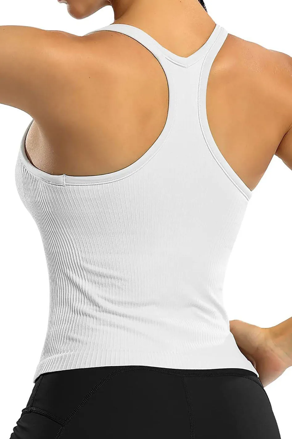 Women Ribbed Workout Crop Tops with Built in Bra Yoga Racerback Tank Top -2399