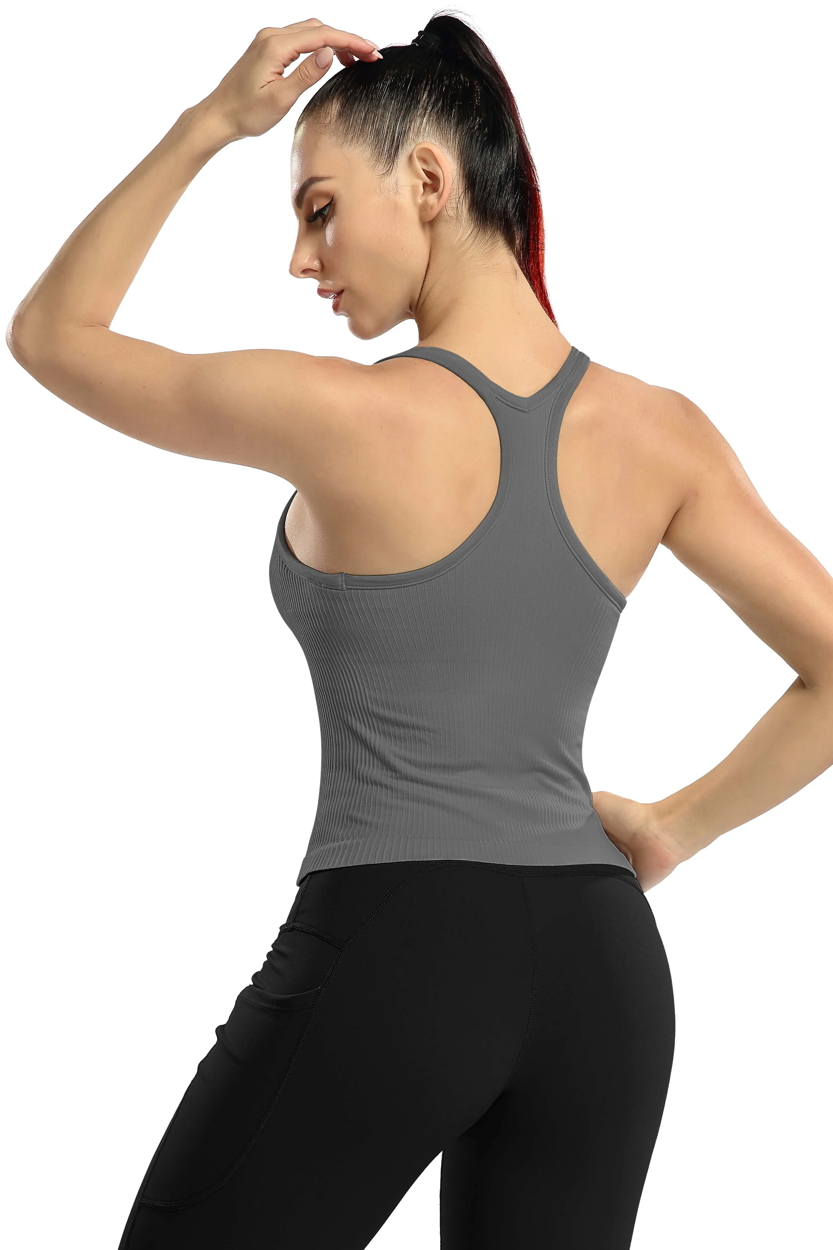 Women Ribbed Workout Crop Tops with Built in Bra Yoga Racerback Tank Top -2399