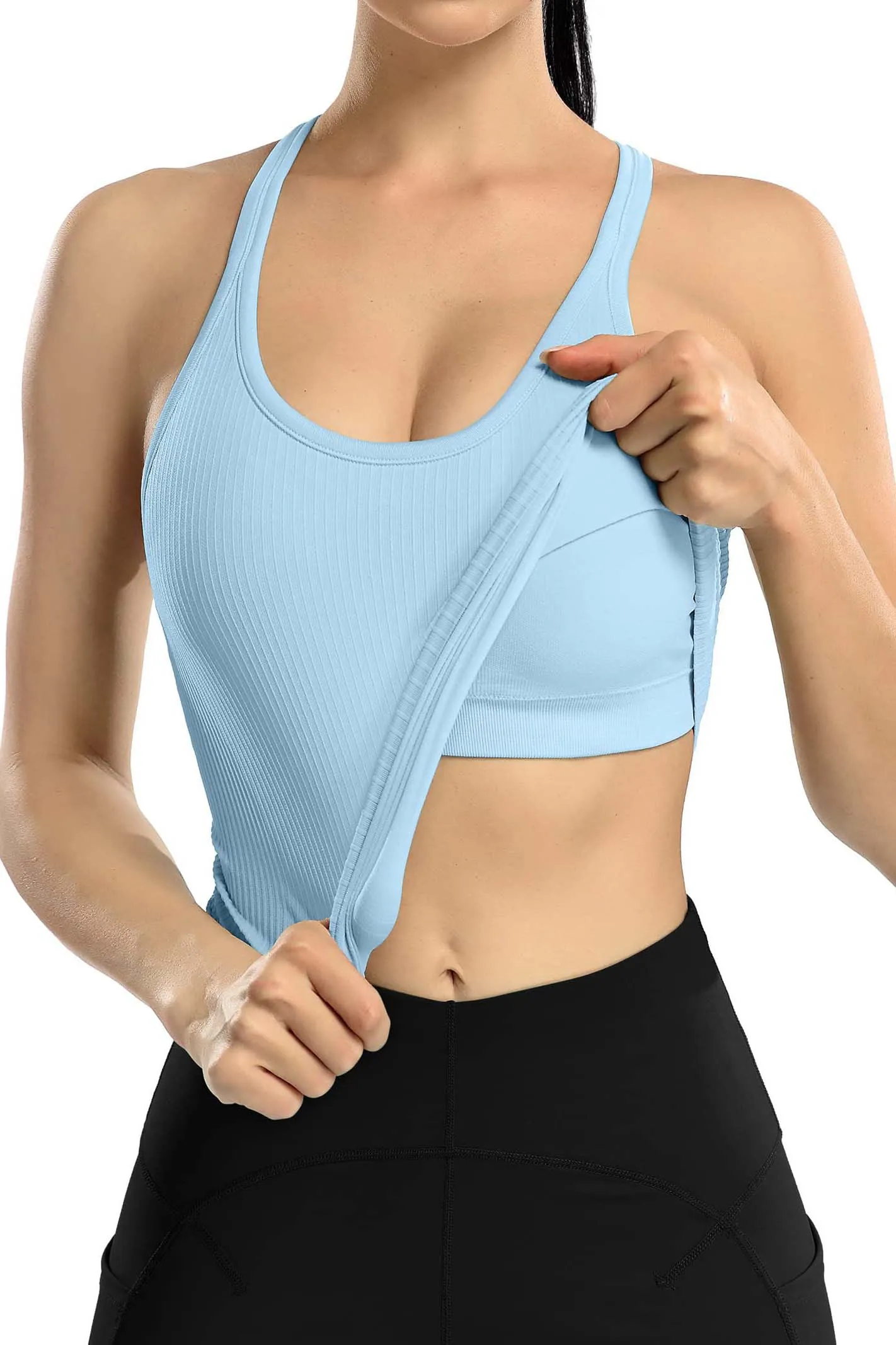 Women Ribbed Workout Crop Tops with Built in Bra Yoga Racerback Tank Top -2399