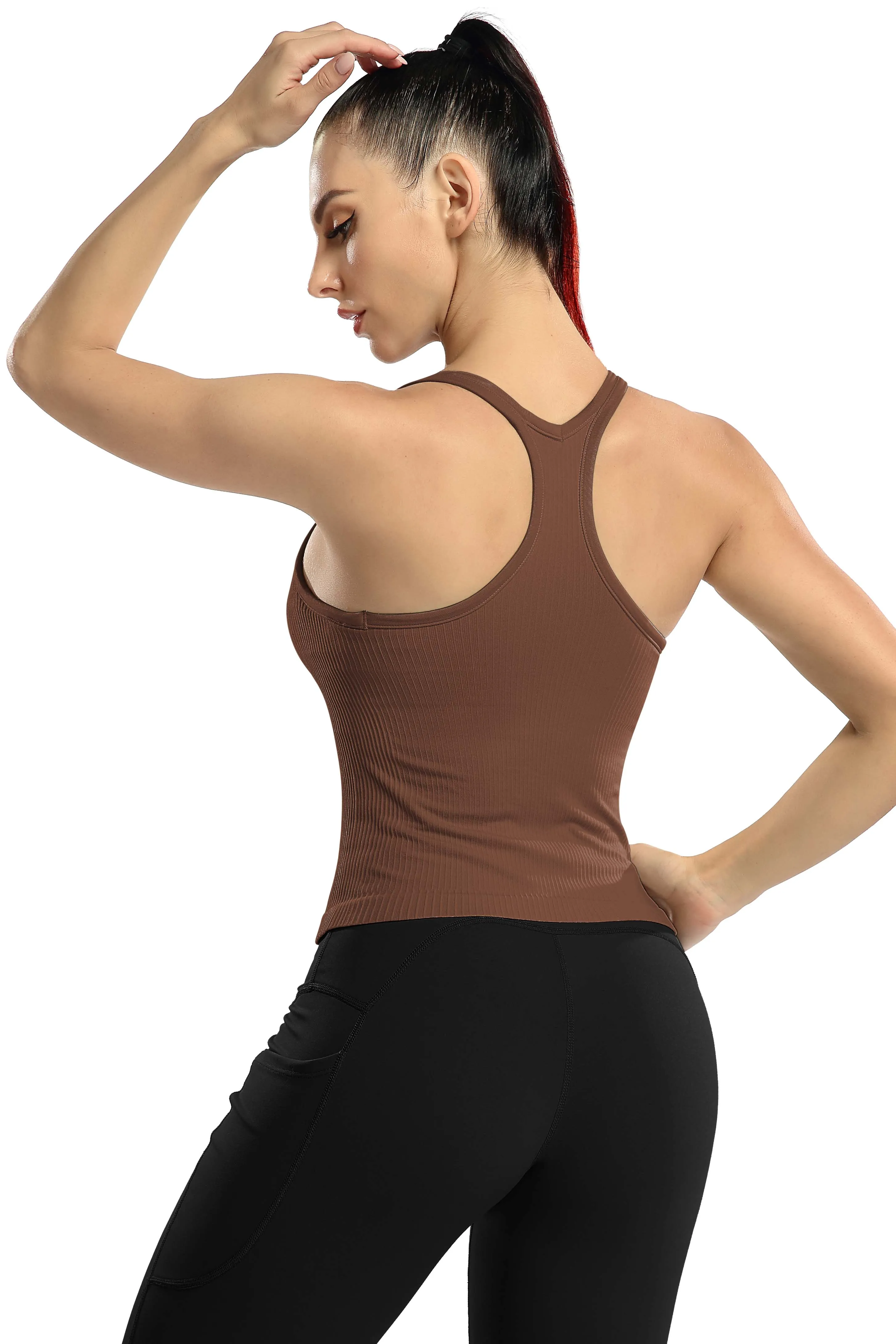 Women Ribbed Workout Crop Tops with Built in Bra Yoga Racerback Tank Top -2399