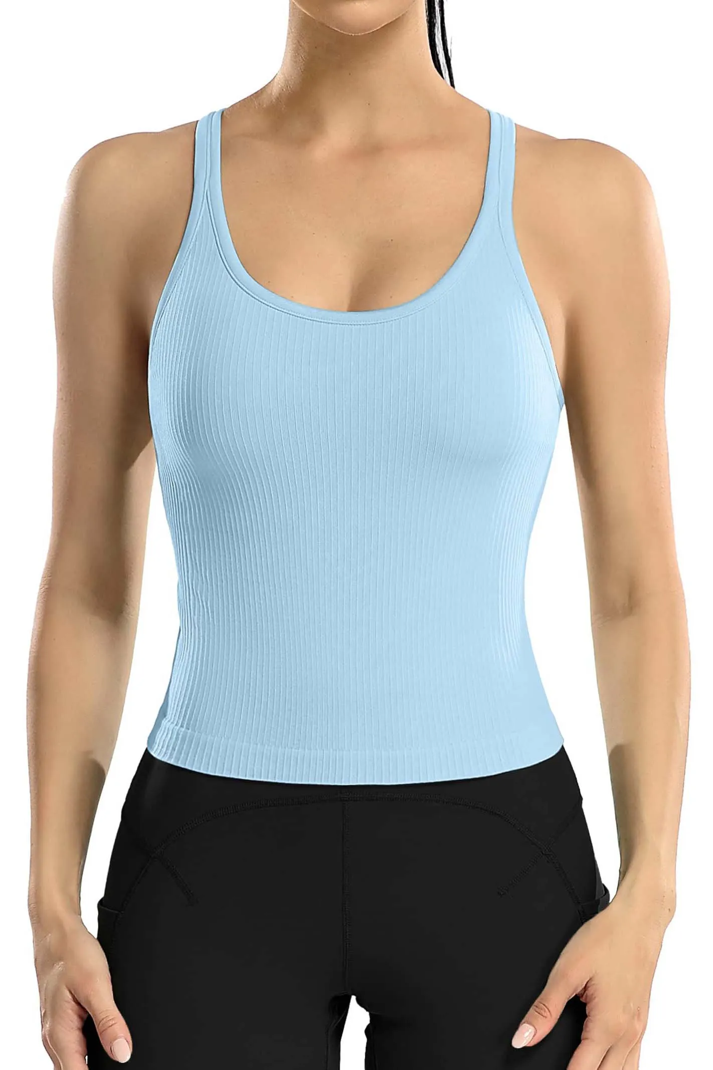 Women Ribbed Workout Crop Tops with Built in Bra Yoga Racerback Tank Top -2399