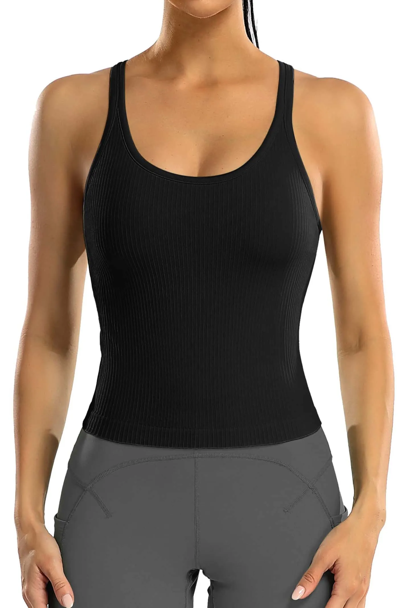 Women Ribbed Workout Crop Tops with Built in Bra Yoga Racerback Tank Top -2399