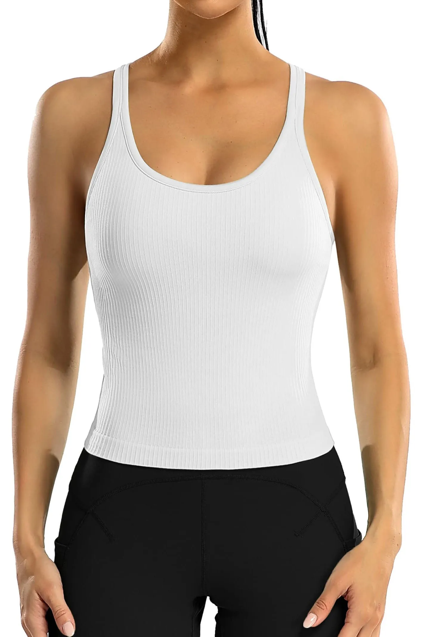 Women Ribbed Workout Crop Tops with Built in Bra Yoga Racerback Tank Top -2399