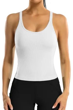 Women Ribbed Workout Crop Tops with Built in Bra Yoga Racerback Tank Top -2399