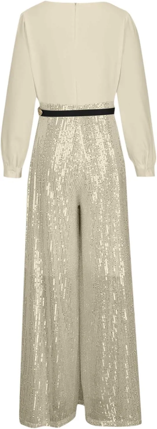 Women Sequins Jumpsuits Clubwear Long Sleeve V-Neck Party Evening Outfit Belted High Waist Wide Leg Trouser Pantsuits