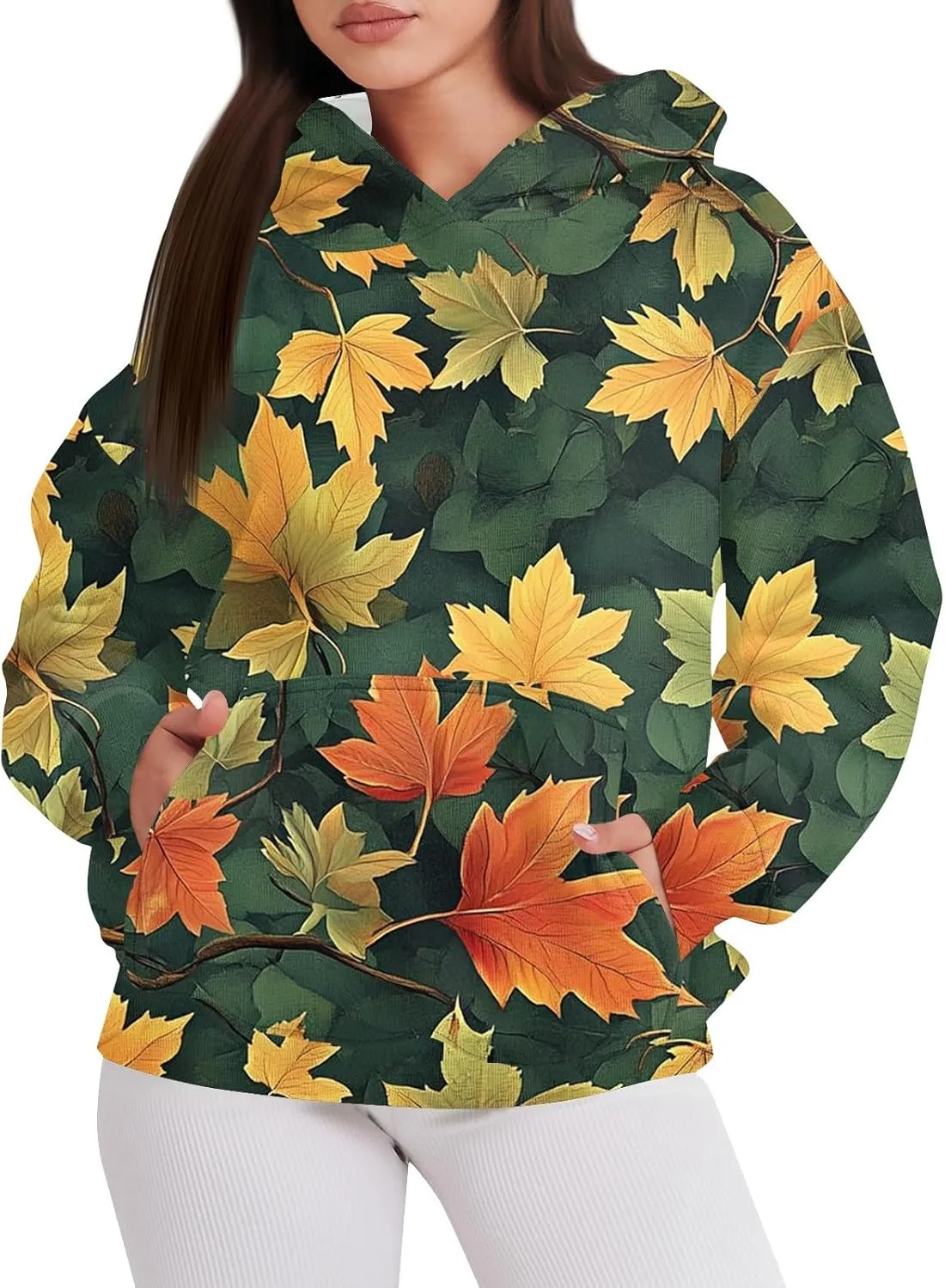 Womens Camo Hoodie Fall Winter Sweatshirt Maple Leaf Print Hoodie Drop Shoulder Long Sleeve Camo Shirt With Pocket