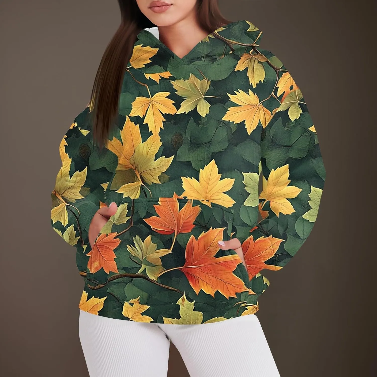 Womens Camo Hoodie Fall Winter Sweatshirt Maple Leaf Print Hoodie Drop Shoulder Long Sleeve Camo Shirt With Pocket