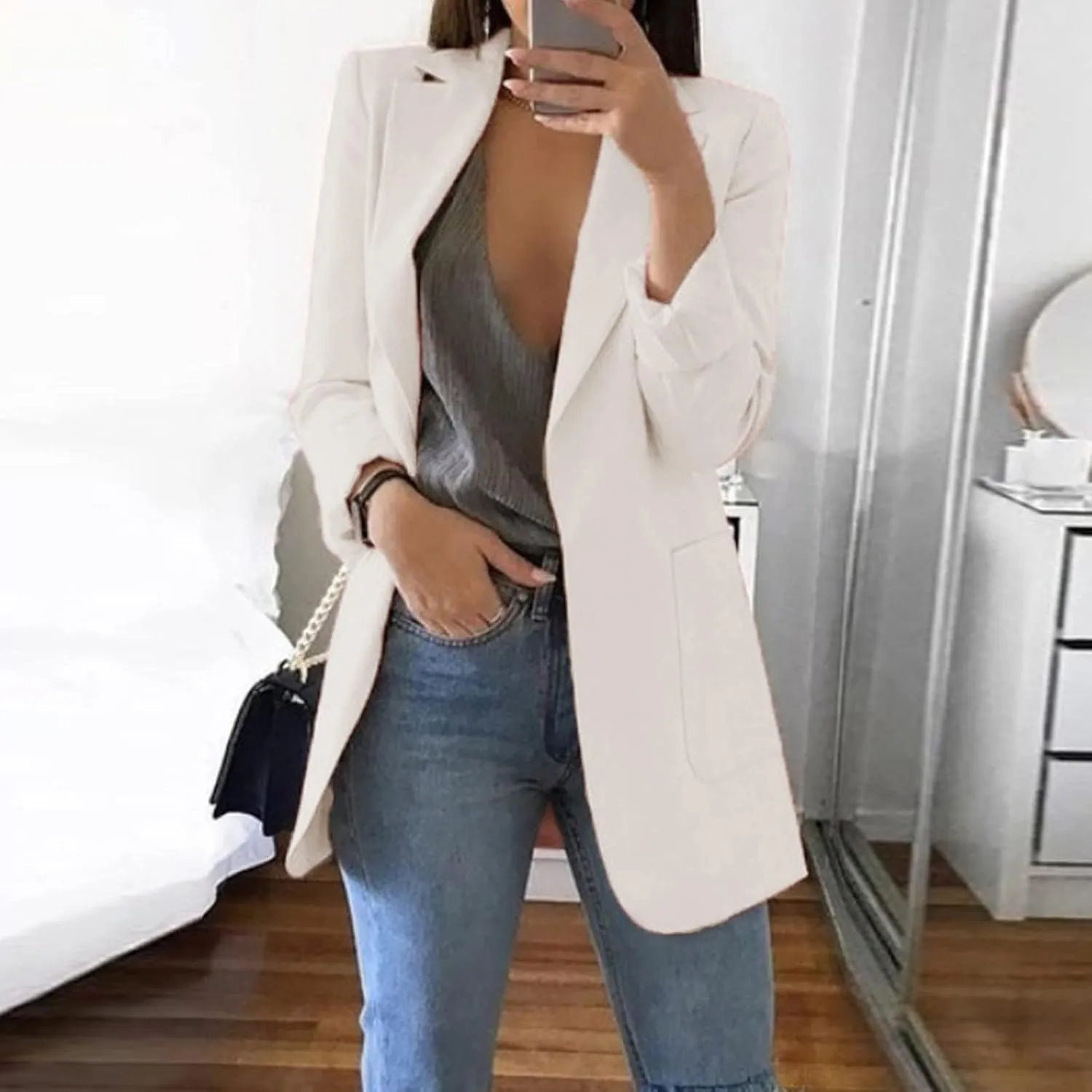 Womens Casual Long Sleeve Work Office Solid Open Front Blazer Jacket Elegant Cardigan Coat