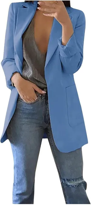 Womens Casual Long Sleeve Work Office Solid Open Front Blazer Jacket Elegant Cardigan Coat