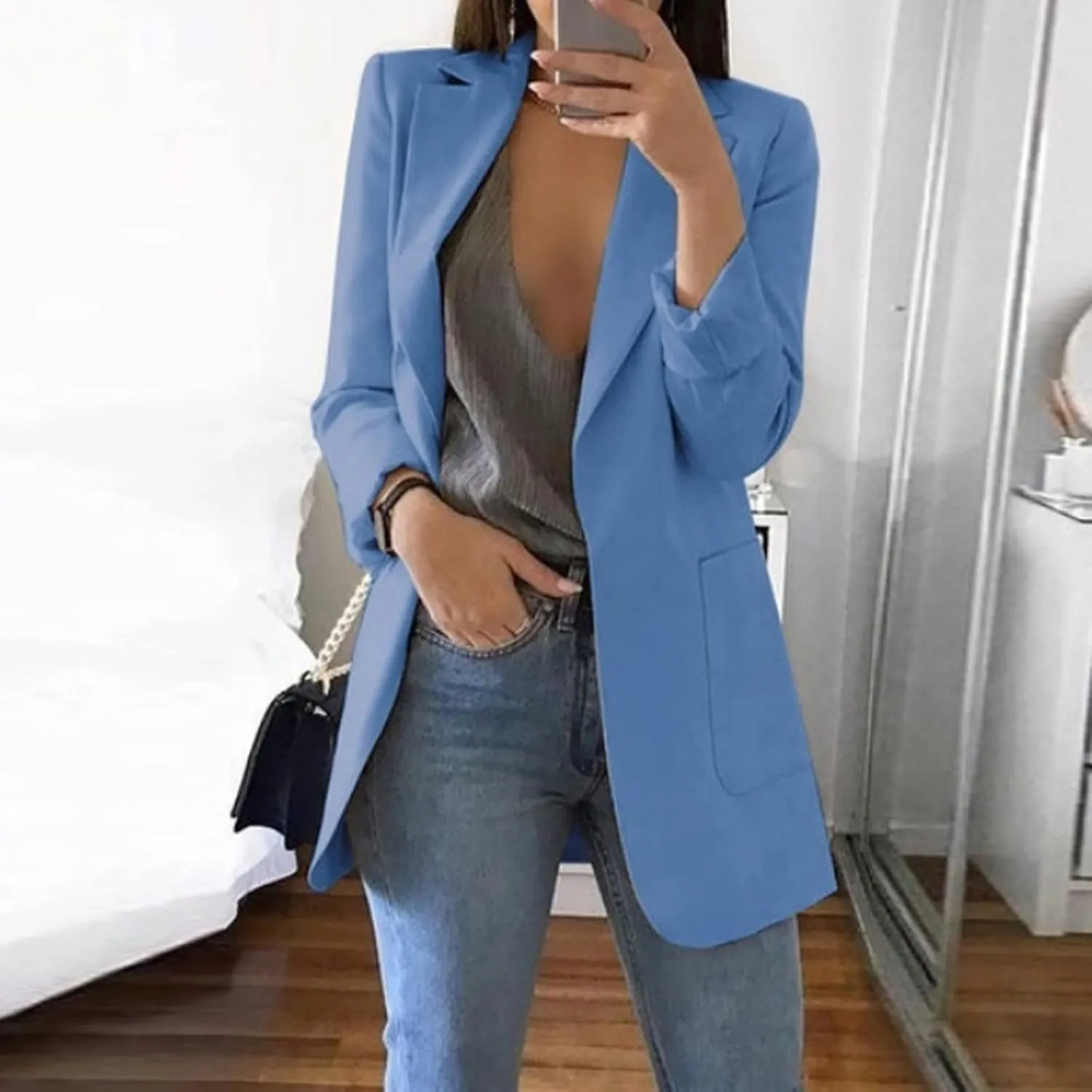 Womens Casual Long Sleeve Work Office Solid Open Front Blazer Jacket Elegant Cardigan Coat