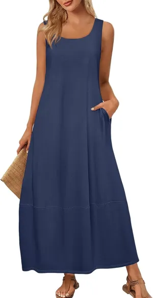 Women's Casual Maxi Sundress 2025 Summer Beach Long Dress Scoop Neck Sleeveless Loose Comfy Tank Dresses