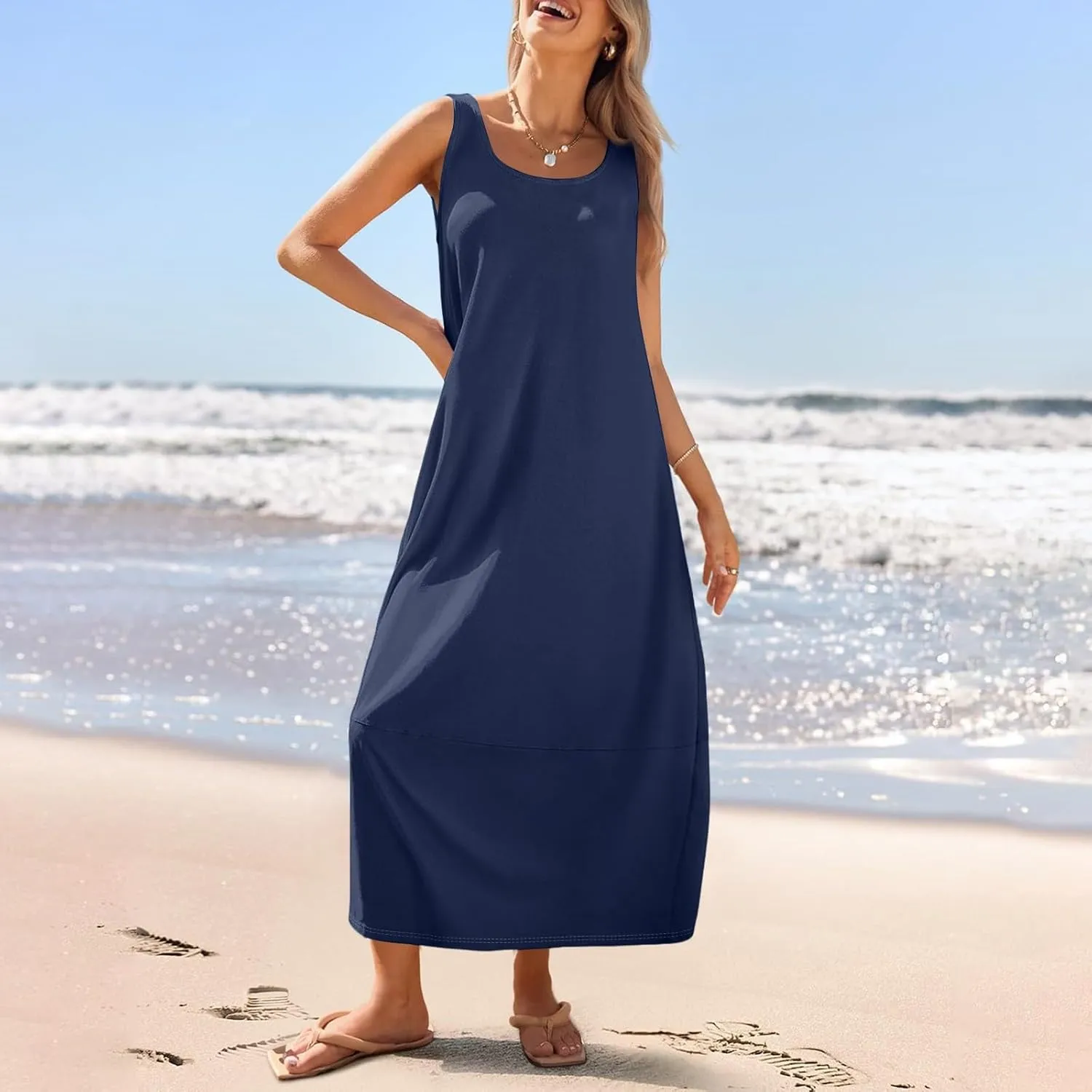 Women's Casual Maxi Sundress 2025 Summer Beach Long Dress Scoop Neck Sleeveless Loose Comfy Tank Dresses