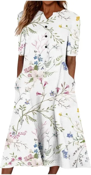 Womens Casual Printed Dresses V Neck Fashion Short Sleeve 2025 Sexy Swing Summer Dressy Daily Party Dress