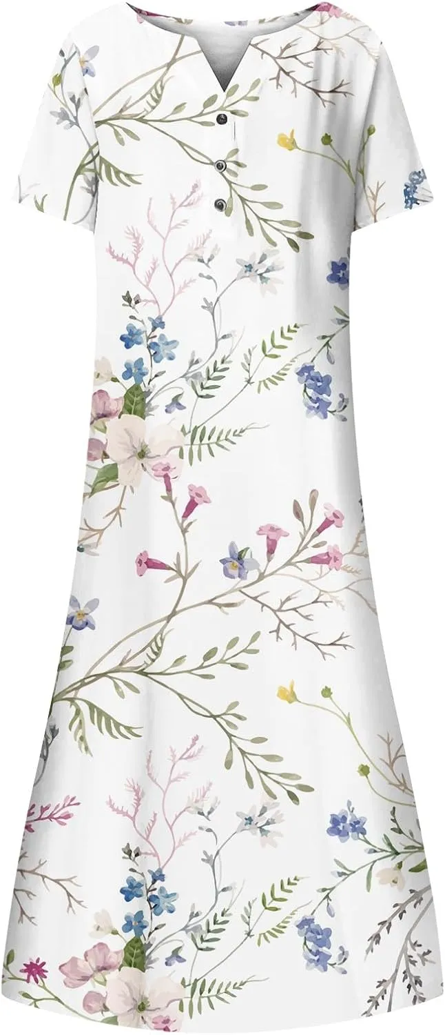 Womens Casual Printed Dresses V Neck Fashion Short Sleeve 2025 Sexy Swing Summer Dressy Daily Party Dress