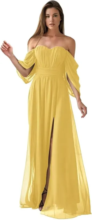 Women's Chiffon Bridesmaid Dresses with Pockets A-Line Off The Shoulder Formal Party Dresses with Slit SR047