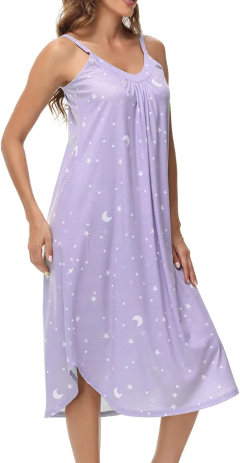 Womens Cotton Long Nightgowns Spaghetti Strap V Neck Full Slip Sleep Shirts Pleated Star Print Nightshirt Chemise