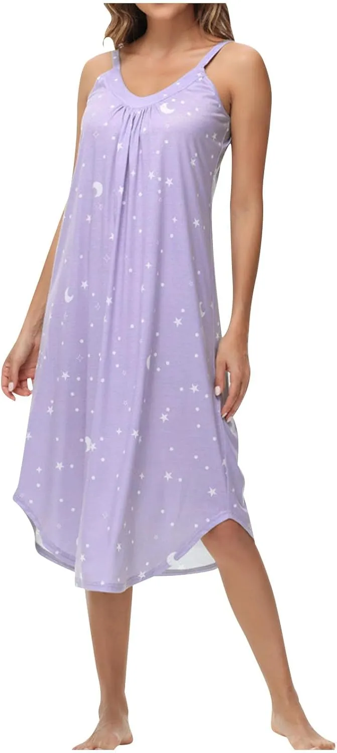 Womens Cotton Long Nightgowns Spaghetti Strap V Neck Full Slip Sleep Shirts Pleated Star Print Nightshirt Chemise
