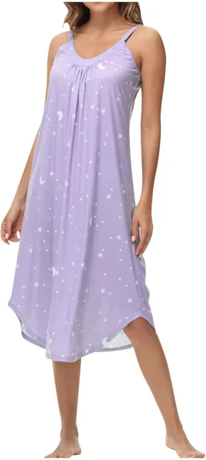 Womens Cotton Long Nightgowns Spaghetti Strap V Neck Full Slip Sleep Shirts Pleated Star Print Nightshirt Chemise