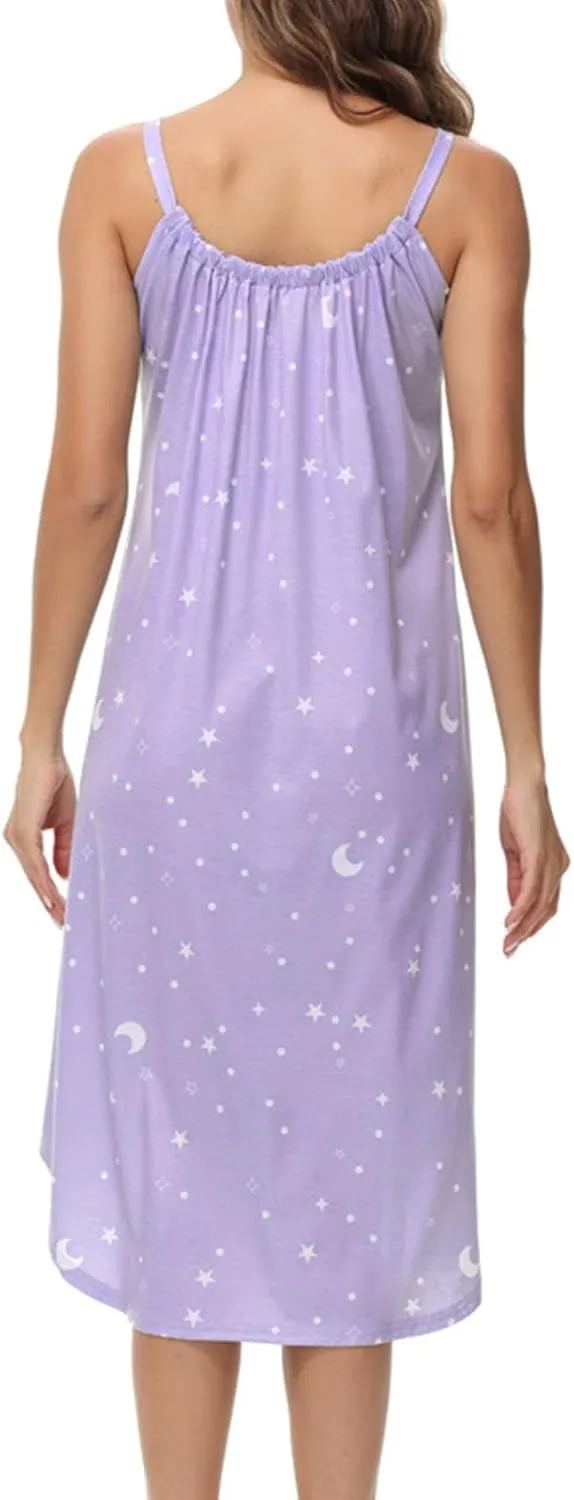 Womens Cotton Long Nightgowns Spaghetti Strap V Neck Full Slip Sleep Shirts Pleated Star Print Nightshirt Chemise