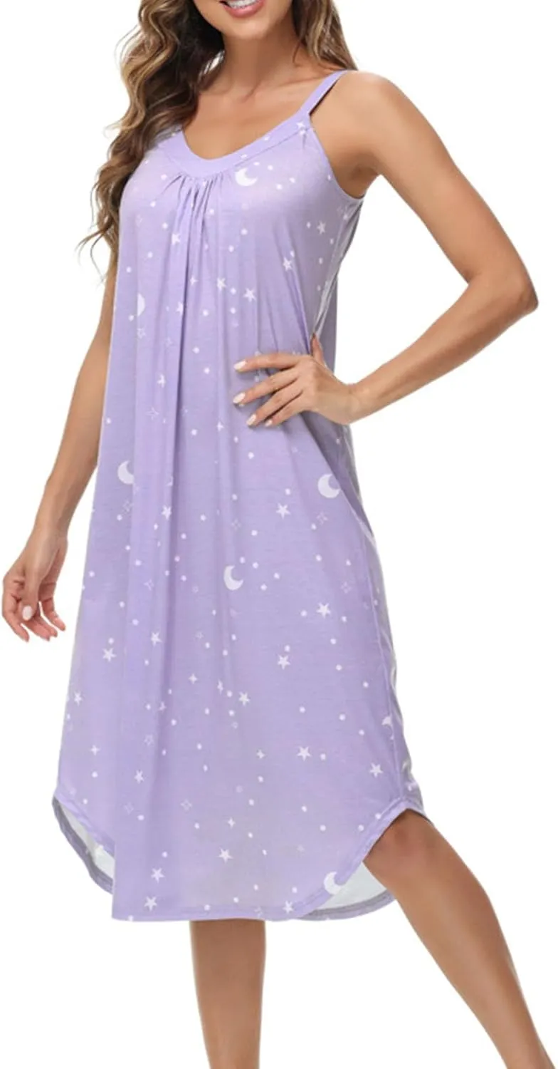 Womens Cotton Long Nightgowns Spaghetti Strap V Neck Full Slip Sleep Shirts Pleated Star Print Nightshirt Chemise