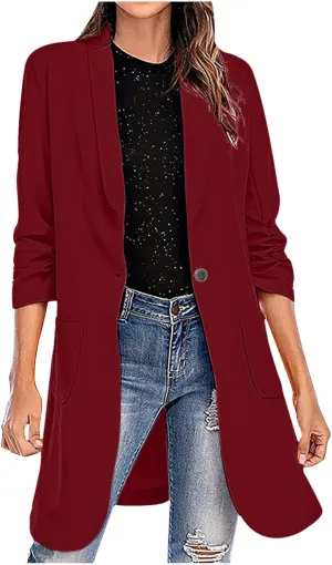 Womens Extra Long Blazer Jackets 3/4 Ruched Sleeve Casual Dressy Blazers Business Work Cardigan Trench Coats