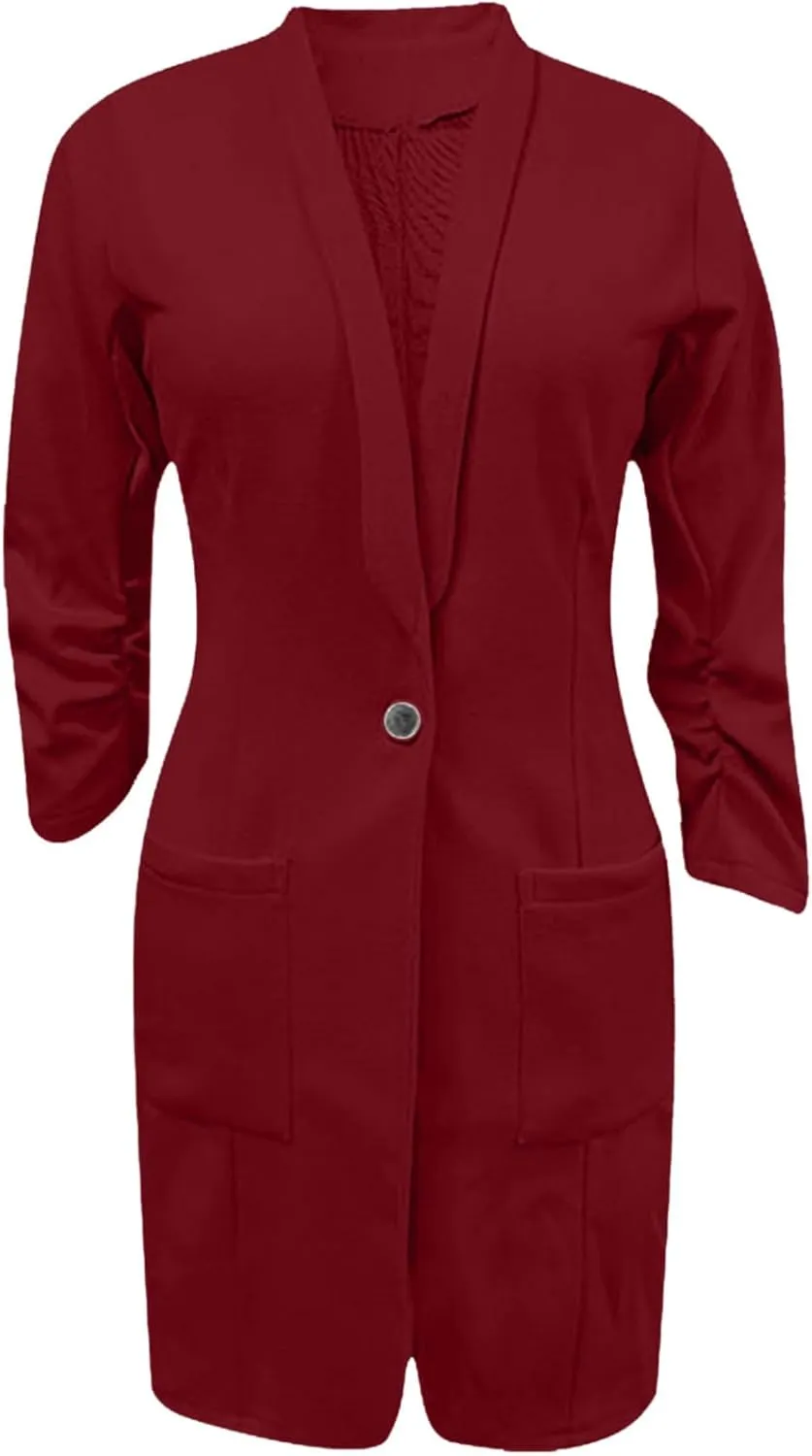 Womens Extra Long Blazer Jackets 3/4 Ruched Sleeve Casual Dressy Blazers Business Work Cardigan Trench Coats