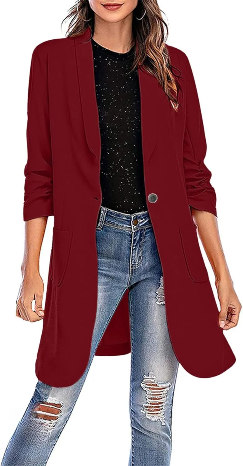 Womens Extra Long Blazer Jackets 3/4 Ruched Sleeve Casual Dressy Blazers Business Work Cardigan Trench Coats