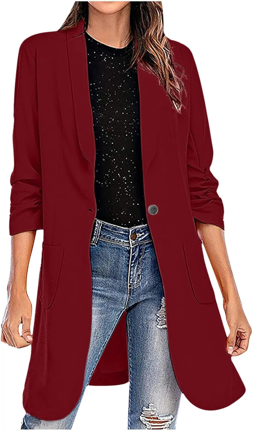 Womens Extra Long Blazer Jackets 3/4 Ruched Sleeve Casual Dressy Blazers Business Work Cardigan Trench Coats