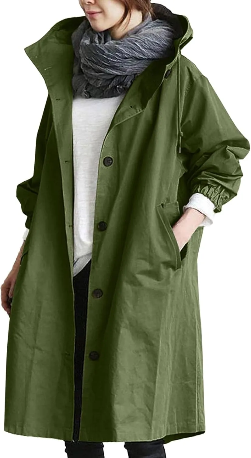 Womens Hooded Trench Coat Winter Lightweight Waterproof Rain Jacket Outdoor Button Down Oversized Windbreaker Outwear
