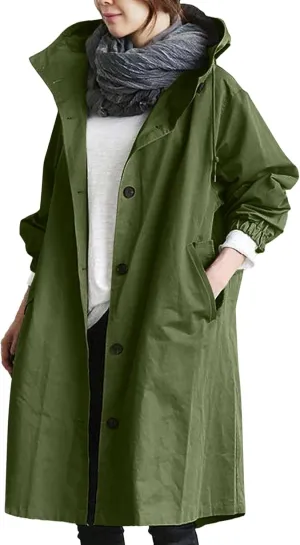 Womens Hooded Trench Coat Winter Lightweight Waterproof Rain Jacket Outdoor Button Down Oversized Windbreaker Outwear