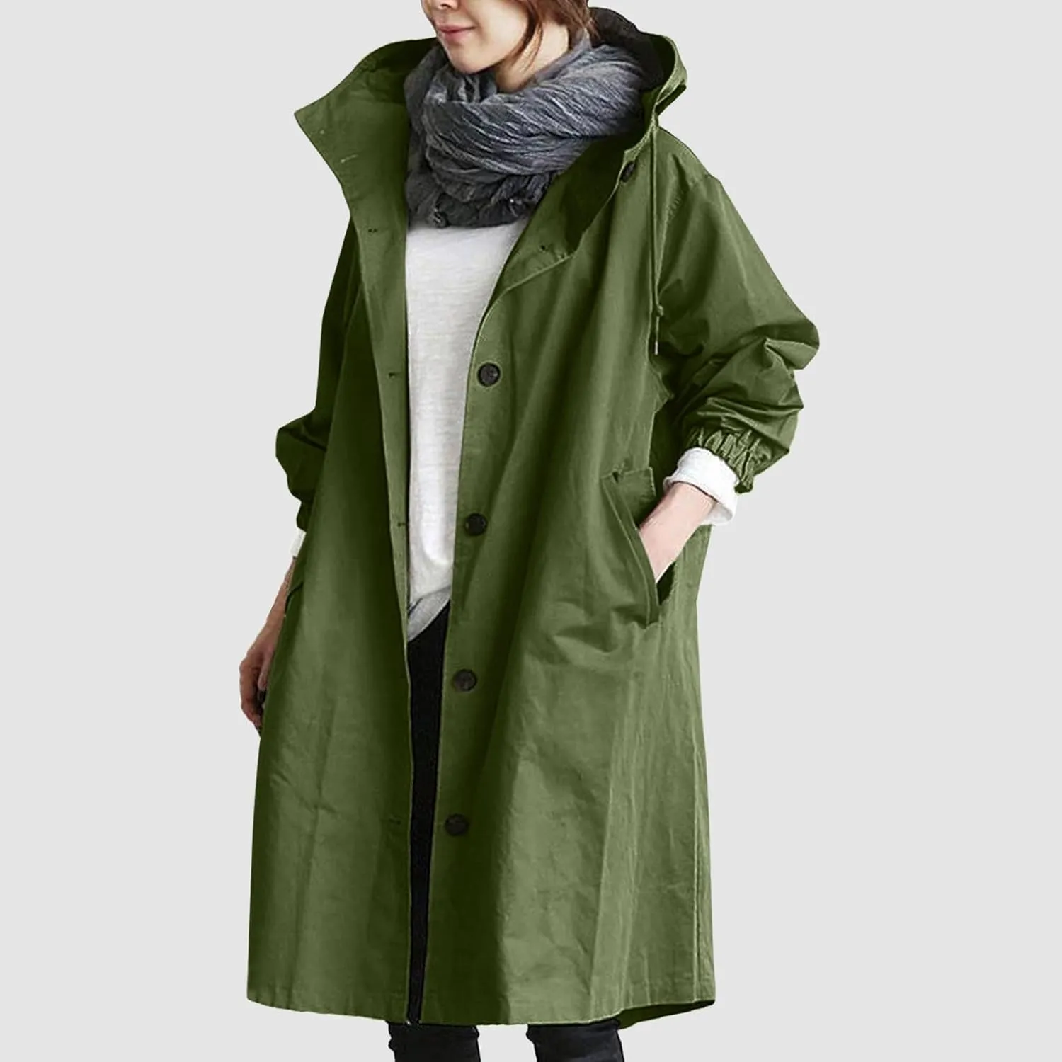 Womens Hooded Trench Coat Winter Lightweight Waterproof Rain Jacket Outdoor Button Down Oversized Windbreaker Outwear