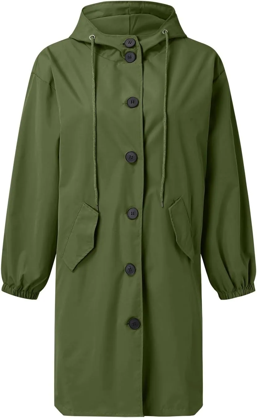 Womens Hooded Trench Coat Winter Lightweight Waterproof Rain Jacket Outdoor Button Down Oversized Windbreaker Outwear