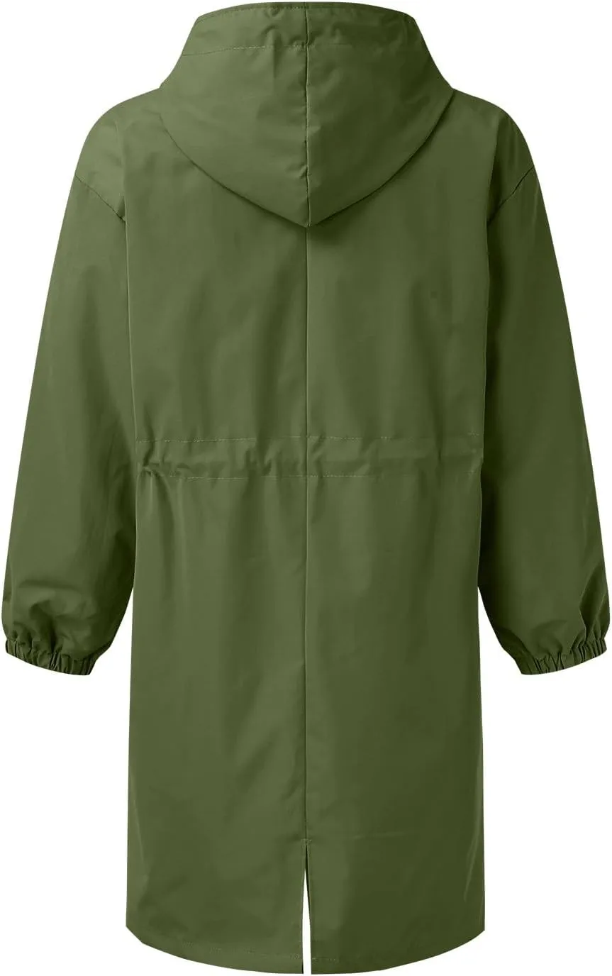Womens Hooded Trench Coat Winter Lightweight Waterproof Rain Jacket Outdoor Button Down Oversized Windbreaker Outwear