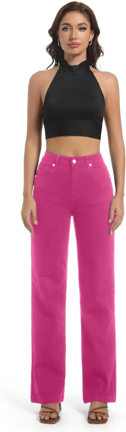 Women's Jeans High Waisted Straight Leg Stretchy Jeans Trendy Wide Leg Tummy Control Loose Casual Denim Pants