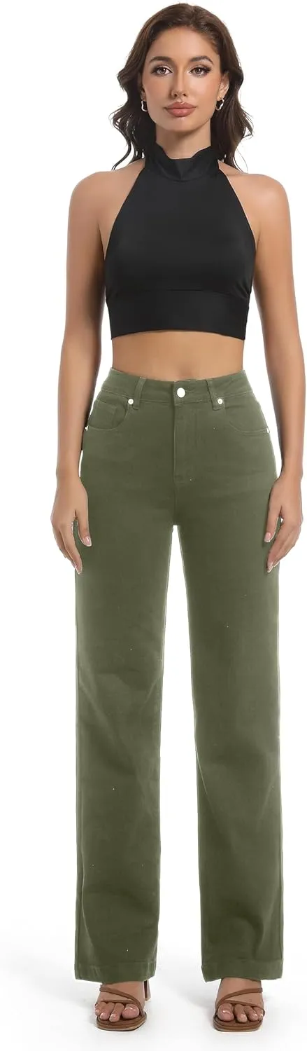 Women's Jeans High Waisted Straight Leg Stretchy Jeans Trendy Wide Leg Tummy Control Loose Casual Denim Pants
