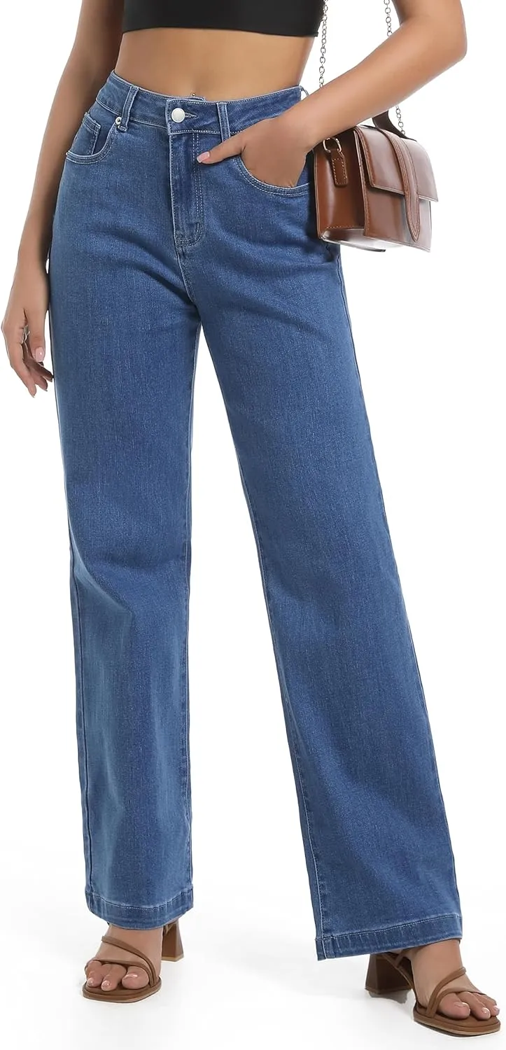 Women's Jeans High Waisted Straight Leg Stretchy Jeans Trendy Wide Leg Tummy Control Loose Casual Denim Pants