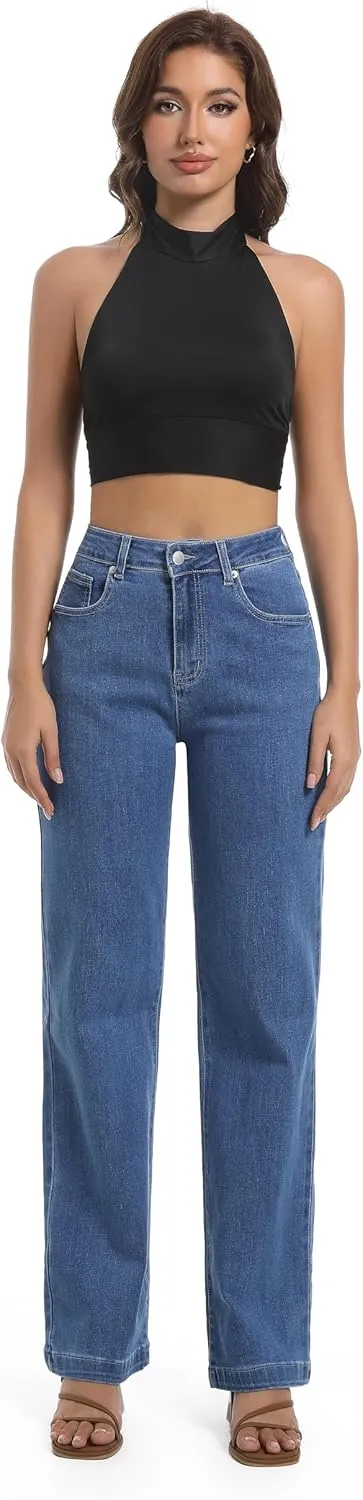 Women's Jeans High Waisted Straight Leg Stretchy Jeans Trendy Wide Leg Tummy Control Loose Casual Denim Pants