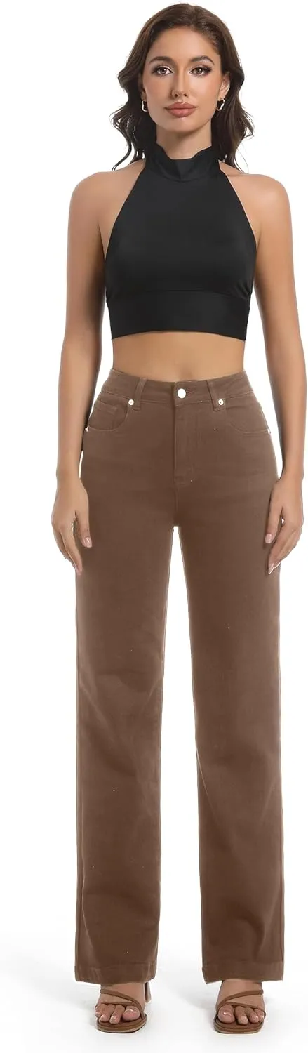 Women's Jeans High Waisted Straight Leg Stretchy Jeans Trendy Wide Leg Tummy Control Loose Casual Denim Pants