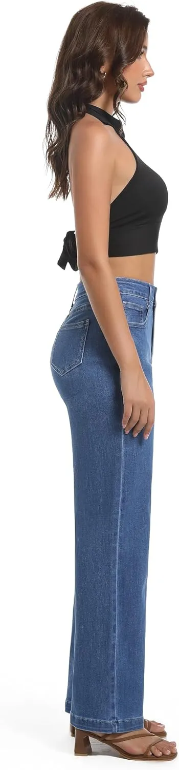 Women's Jeans High Waisted Straight Leg Stretchy Jeans Trendy Wide Leg Tummy Control Loose Casual Denim Pants