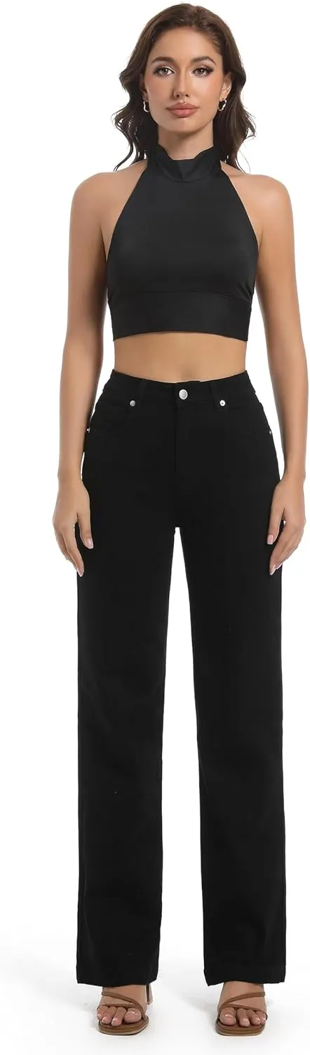 Women's Jeans High Waisted Straight Leg Stretchy Jeans Trendy Wide Leg Tummy Control Loose Casual Denim Pants