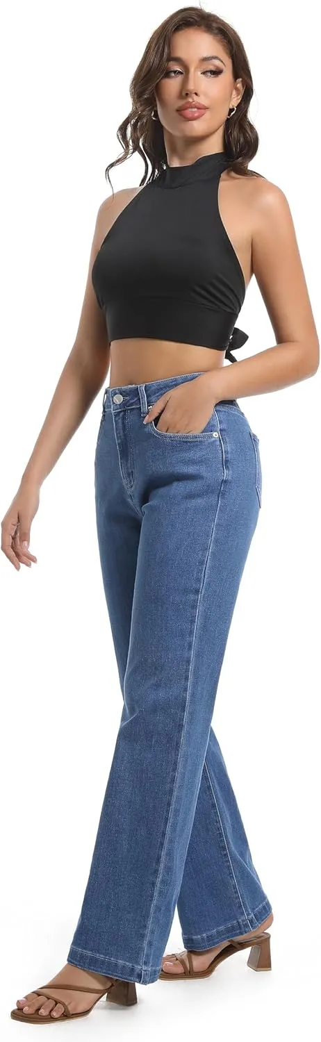 Women's Jeans High Waisted Straight Leg Stretchy Jeans Trendy Wide Leg Tummy Control Loose Casual Denim Pants