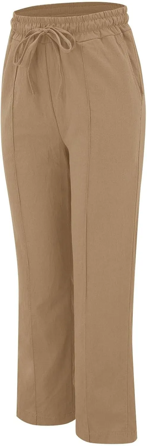 Womens Linen Pants Summer Boho Wide Leg Baggy Pants with Elastic Waist Linen Pants for Women Casual Work Pants