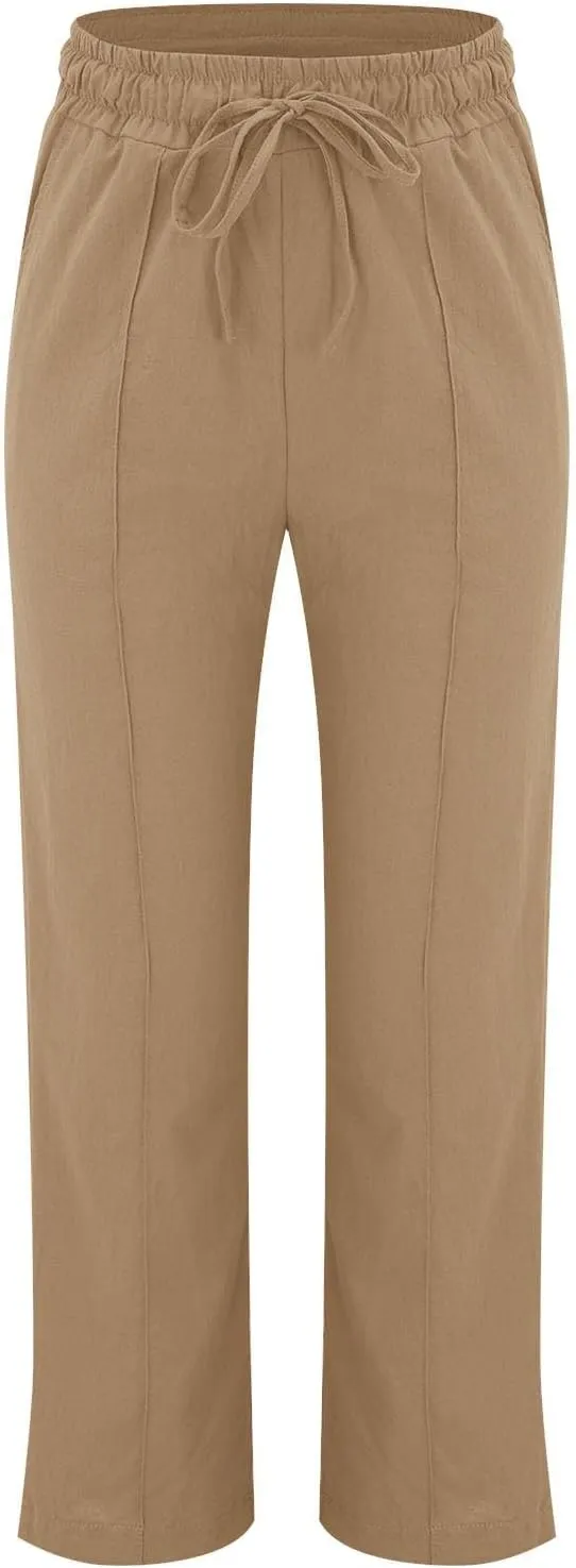 Womens Linen Pants Summer Boho Wide Leg Baggy Pants with Elastic Waist Linen Pants for Women Casual Work Pants
