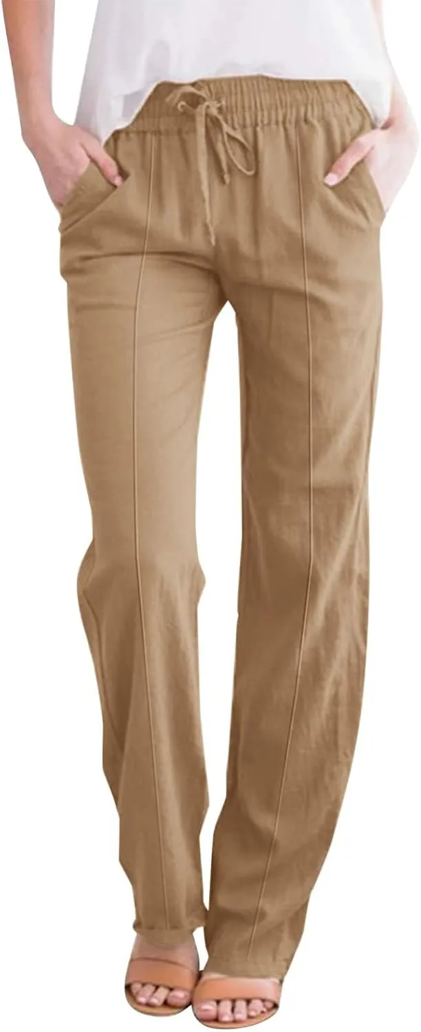Womens Linen Pants Summer Boho Wide Leg Baggy Pants with Elastic Waist Linen Pants for Women Casual Work Pants