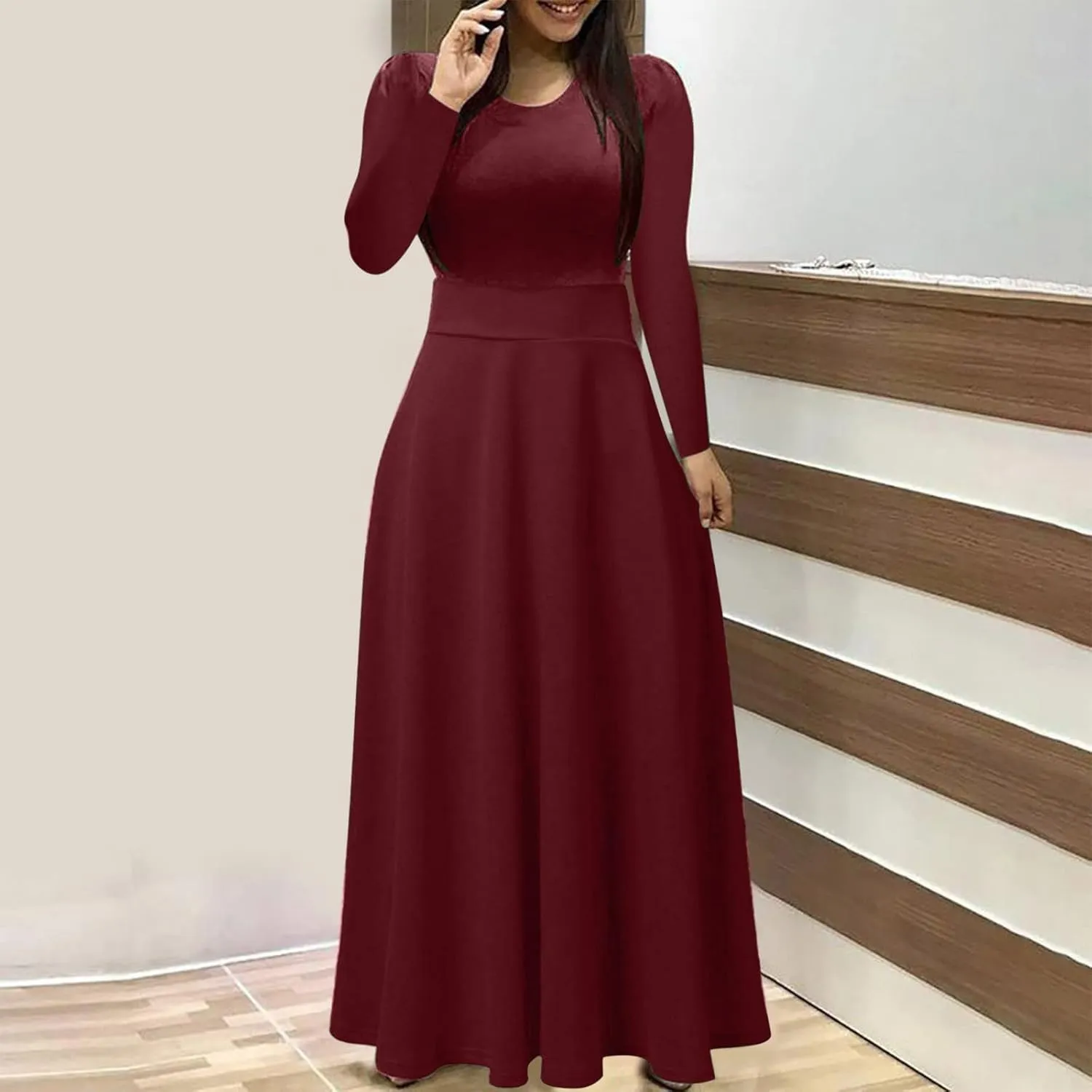 Womens Long Sleeve Maxi Wedding Guest Dresses for Fall Casual Crewneck Tunic Dress Long High Waist Halloween Dress