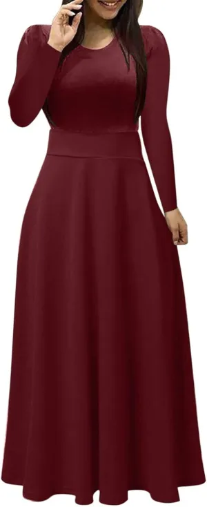 Womens Long Sleeve Maxi Wedding Guest Dresses for Fall Casual Crewneck Tunic Dress Long High Waist Halloween Dress