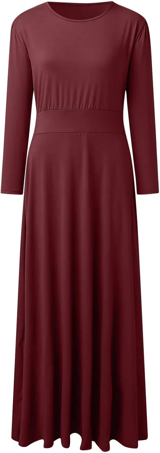 Womens Long Sleeve Maxi Wedding Guest Dresses for Fall Casual Crewneck Tunic Dress Long High Waist Halloween Dress