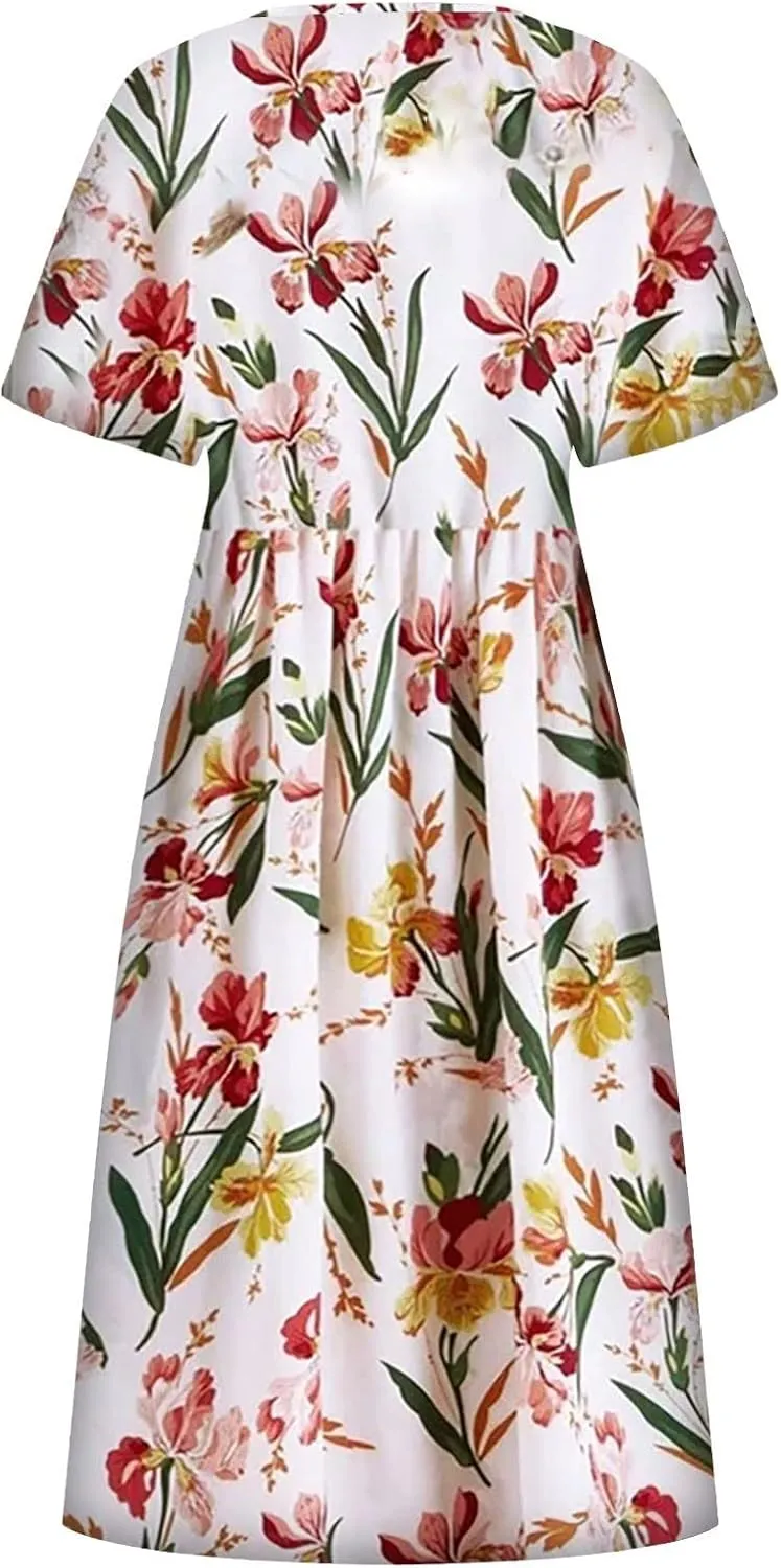 Women's Maxi Dress 2025 Summer Casual Colorful Loose Flowy Boho Crewneck Short Sleeve Dresses Beach Vacation Clothes