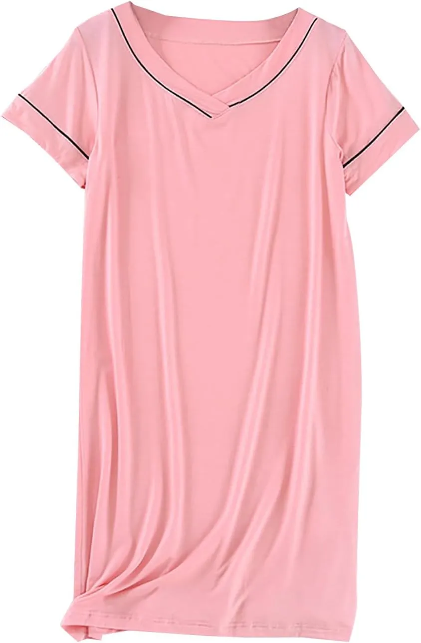 Women's Nightgown Home Dress Casual Nightdress V Neck Short Sleeve Pajamas Lightweight Soft Sleepwear Watermelon Red